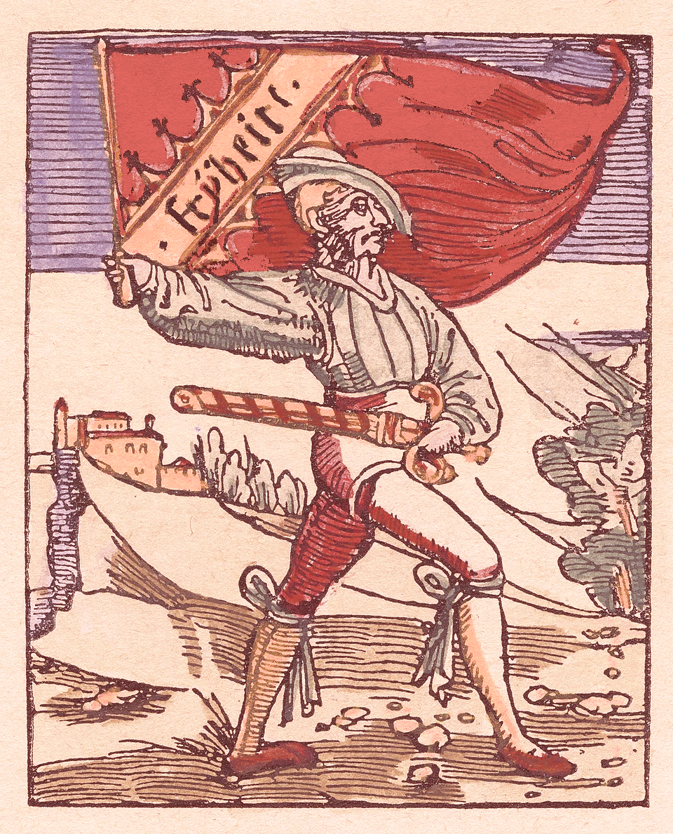 Ein mittelalterlicher Soldat mit Federhelm hält ein Schwert und hisst eine Fahne mit der Aufschrift "Libertas" in einer windgepeitschten Landschaft mit einem Gebäude im Hintergrund.