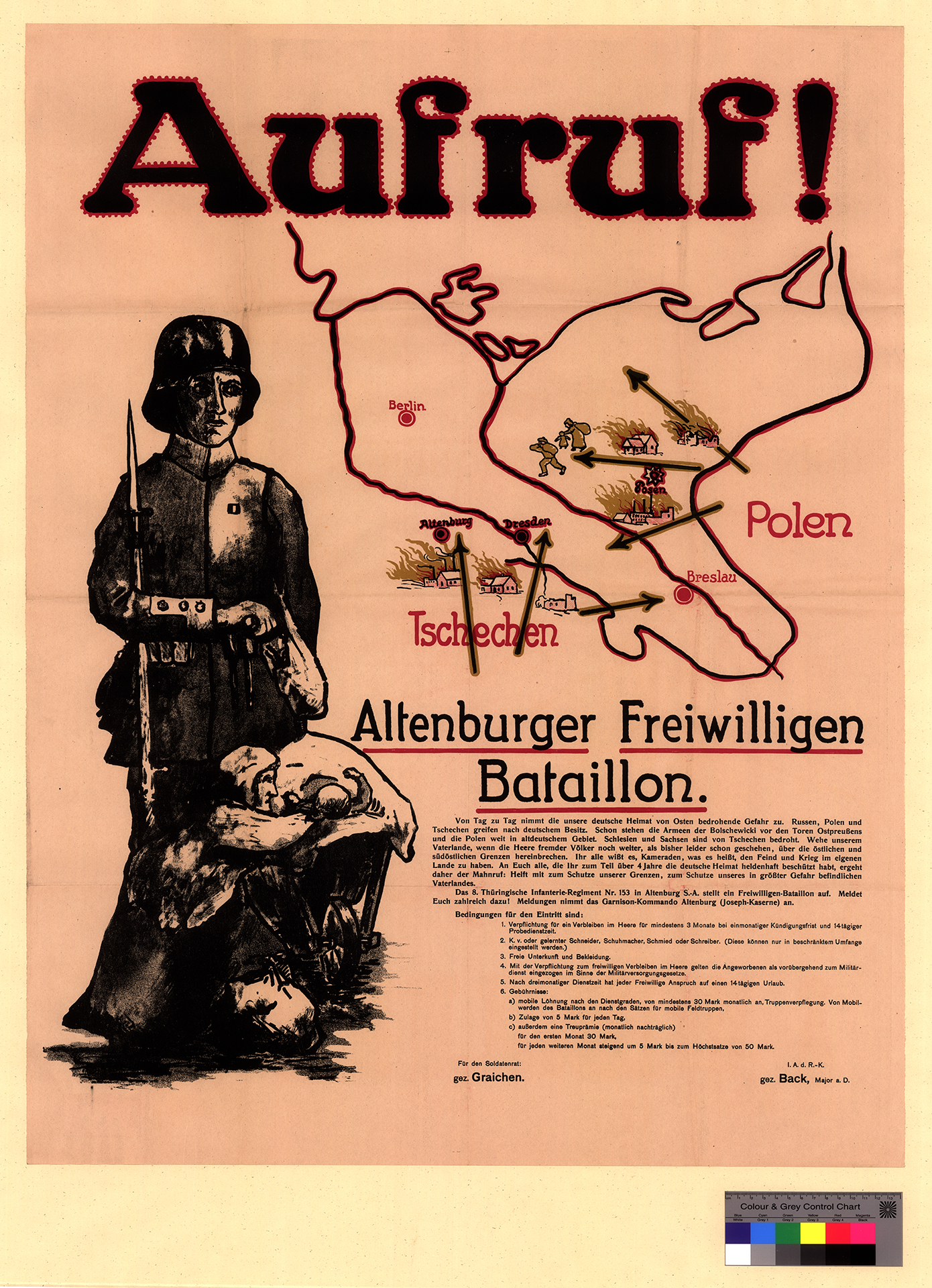 Deutsches Rekrutierungsplakat aus dem Ersten Weltkrieg mit einem Soldaten, einer Karte von Deutschland und den umliegenden Regionen und dem fettgedruckten Text "Aufruf!", der für die Aufnahme in das Altenburger Freiwilligenbataillon wirbt.