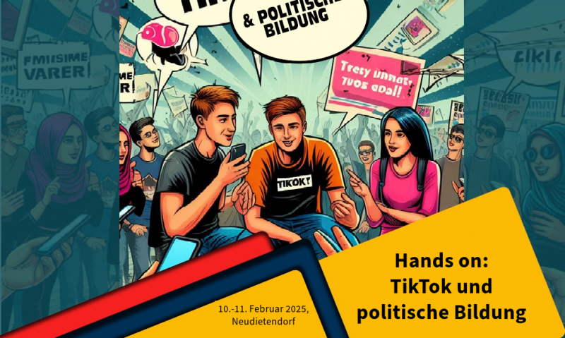 Drei junge Menschen sitzen zusammen und telefonieren, umgeben von Protestschildern. Der Text wirbt für eine TikTok- und politische Bildungsveranstaltung am 10. und 11. Februar 2025 in Neudietendorf.