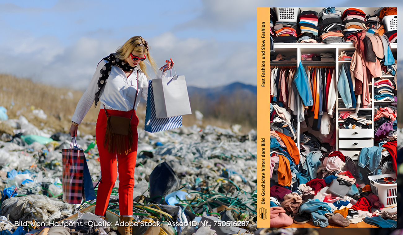 Eine Frau mit Einkaufstüten steht auf einer Mülldeponie, die mit ausrangierten Kleidungsstücken gefüllt ist; neben ihr steht ein unordentlicher Kleiderschrank, der mit Kleidung vollgepackt ist.