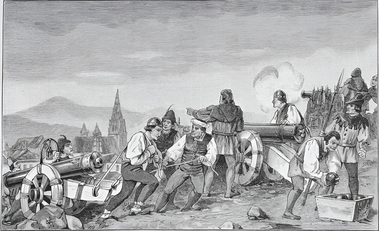 Historische Illustration von Soldaten, die während einer Schlacht Kanonen bedienen, mit mehreren Männern, die sich auf das Feuern vorbereiten, und Rauch, der von einer kürzlich abgefeuerten Kanone ausgeht. Gebäude und Berge im Hintergrund.