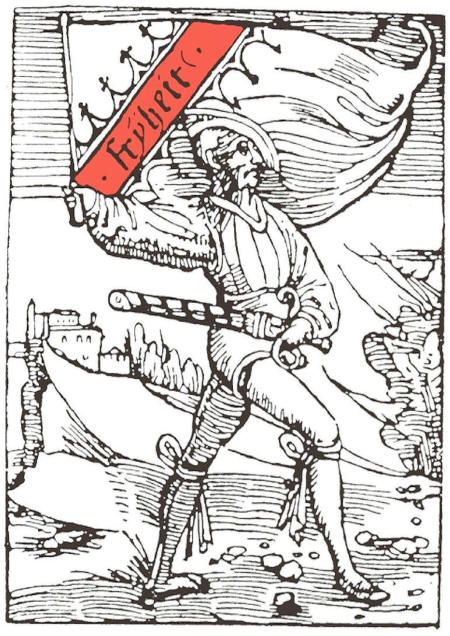Holzschnittartige Illustration eines Mannes in mittelalterlicher Kleidung, der ein Schwert und eine rote Fahne mit der Aufschrift "Freiheit" in der Hand hält.