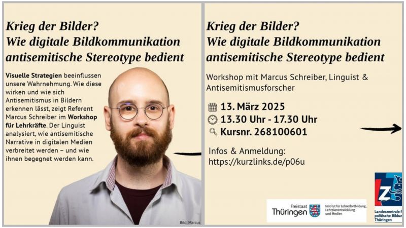 Werbeflyer für einen Workshop zum Thema digitale Bildkommunikation und antisemitische Stereotypen, mit einem Kopfbild von Marcus Schreiber und Veranstaltungshinweisen.