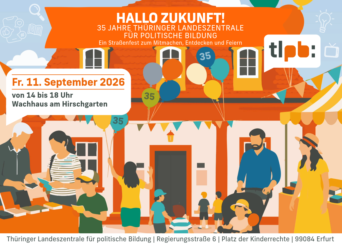 Abbildung von Menschen bei einem Straßenfest vor einem roten Gebäude, mit Veranstaltungsdetails zum 35-jährigen Jubiläum der Thüringer Landeszentrale für politische Bildung am 11. September 2026.