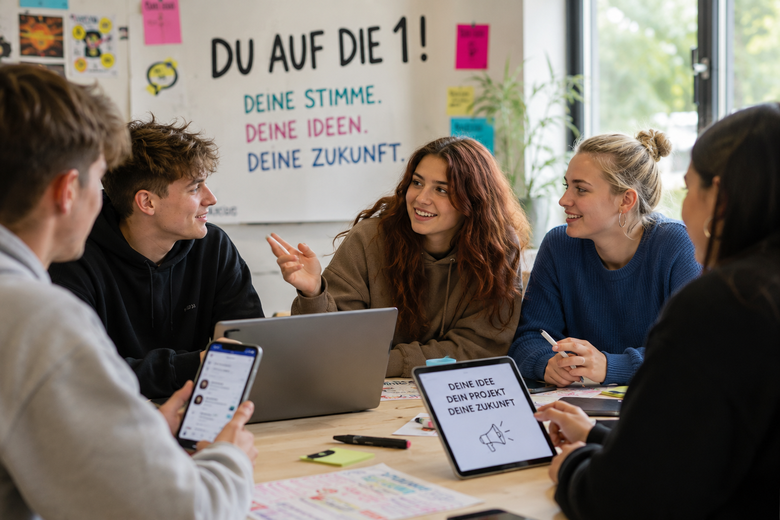 Fünf junge Menschen sitzen mit Laptops, Tablets und Notizen um einen Tisch und diskutieren. An der Wand hinter ihnen ist ein deutschsprachiges Plakat über Ideen und die Zukunft zu sehen.