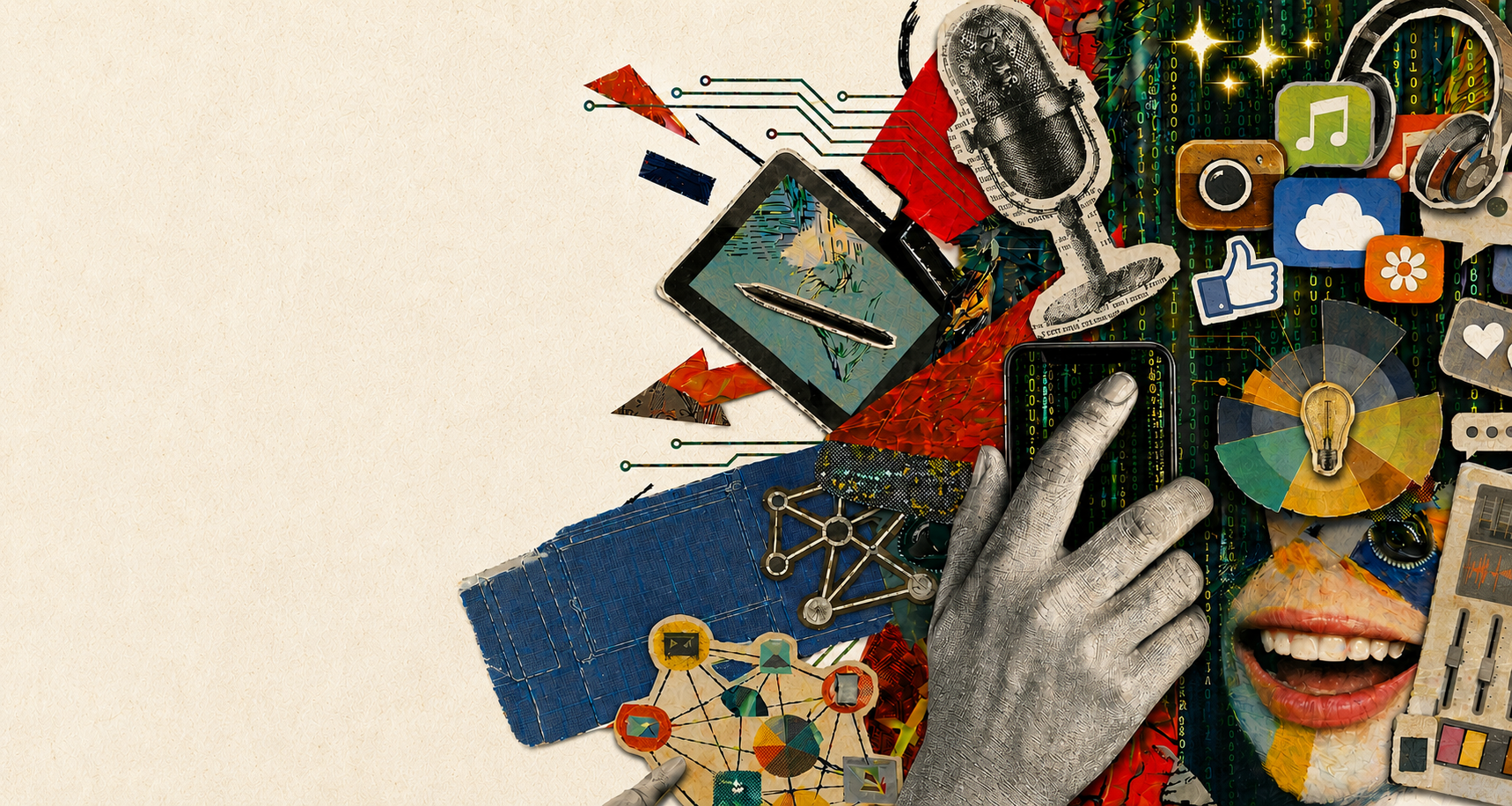 Eine Collage aus Technologie-Symbolen, einem Tablet, einem Mikrofon und einem lächelnden Mund, wobei eine Hand ein Smartphone berührt, vor einem bunten, abstrakten Hintergrund.